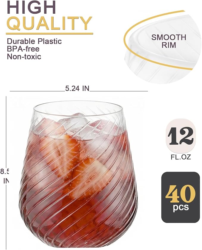 40 Pack Plastic Wine Glasses, 12 Oz Disposable Cocktail Whiskey Glasses | Spiral Stemless Champagne Margarita Glasses, Clear Unbreakable Reusable Plastic Cups for Party Wedding Birthday - Image 4