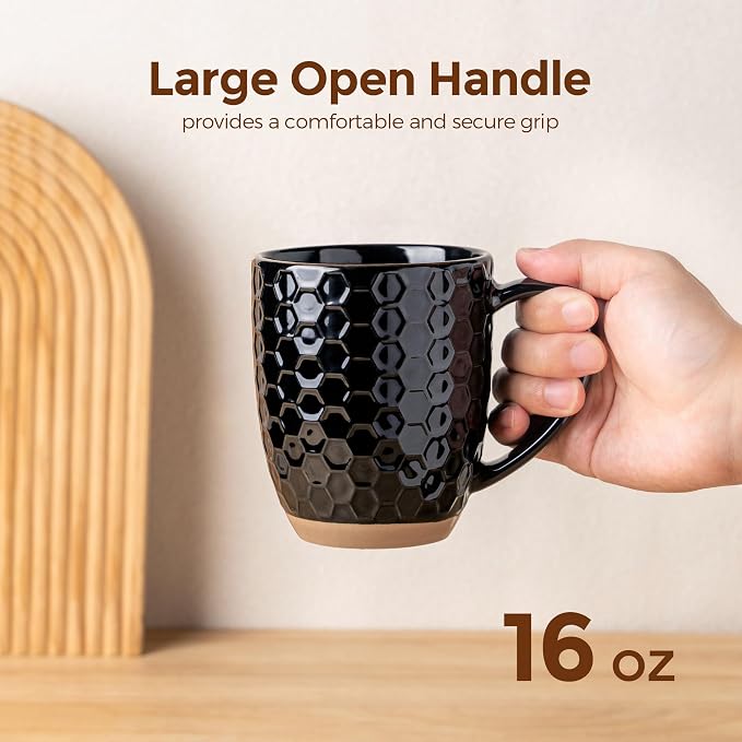 GBhome Large Coffee Mugs Set of 4, 16oz Handmade Embossed Coffee Mugs Set with Large Handle for Cappuccino/Latte/Tea/Hot Cocoa, Dishwasher & Microwave Safe, Black - Image 3