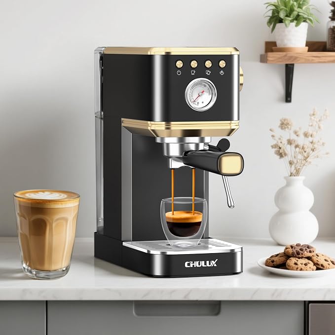 CHULUX Slim Espresso Machine with Milk Frother for Home Latte, Black & Gold | Precise Pressure Gauge, Food-Grade Materials, 20 Bar Italian Pump, Professional Temperature Control System, Stainless Steel - Image 5