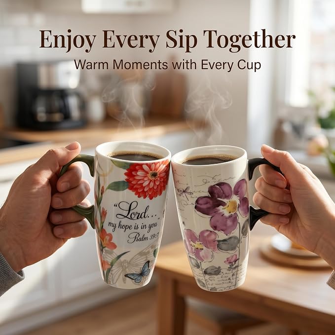 Topadorn 2 Pack Ceramic Travel Mugs with Lids, 17oz Christian Coffee Mug | Coffee Mug Set with Bible Verse & Floral Design, Microwave & Dishwasher Safe Gift Set - Image 9