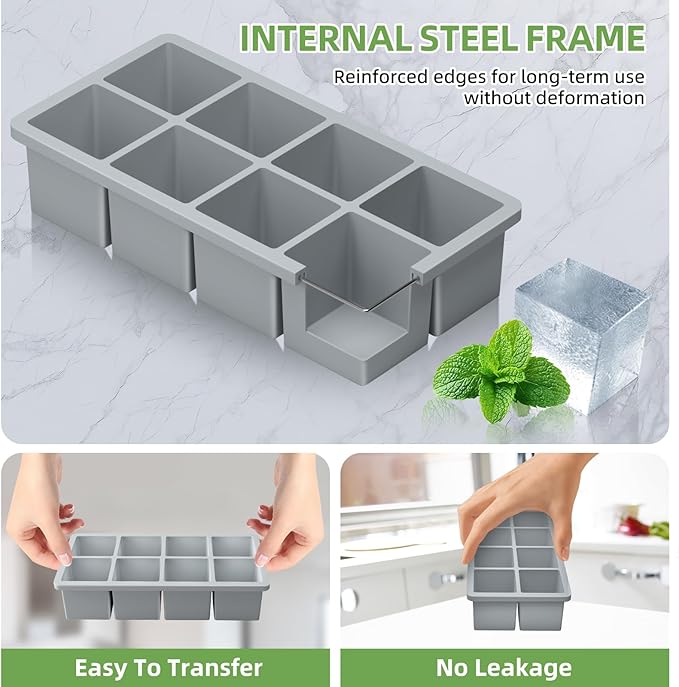 Large Ice Cube Molds, 2 Pack Easy Release Ice Trays for Freezer with Lid, Stackable Square Big Silicone Ice Cube Tray BPA Free Slow Melting for Bourbon Whiskey, Cocktails, Iced Coffee (Grey)