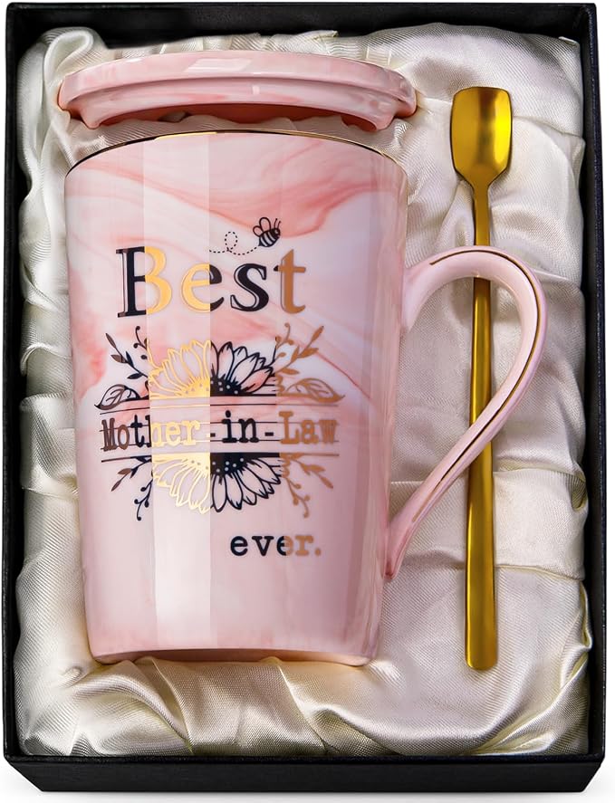 Mother in Law Birthday Gifts, Best Mother In Law Ever, 14oz Pink Marble Mug | Mom Mug with Gold Print, Mom Gifts from Daughter-In-Law or Son-In-Law, Wedding Valentine Coffee Cup Present, Nice Gift Boxed by ALBISS
