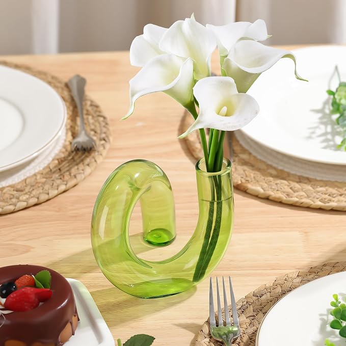 Joeyan Handmade Small Green Glass Flower Vase,Decorative Geometric Glass Bud Vase for Modern Home Centerpieces Living Room Office,4.72" Abstract Vase for Single Flower and Dry Flowers - Image 7