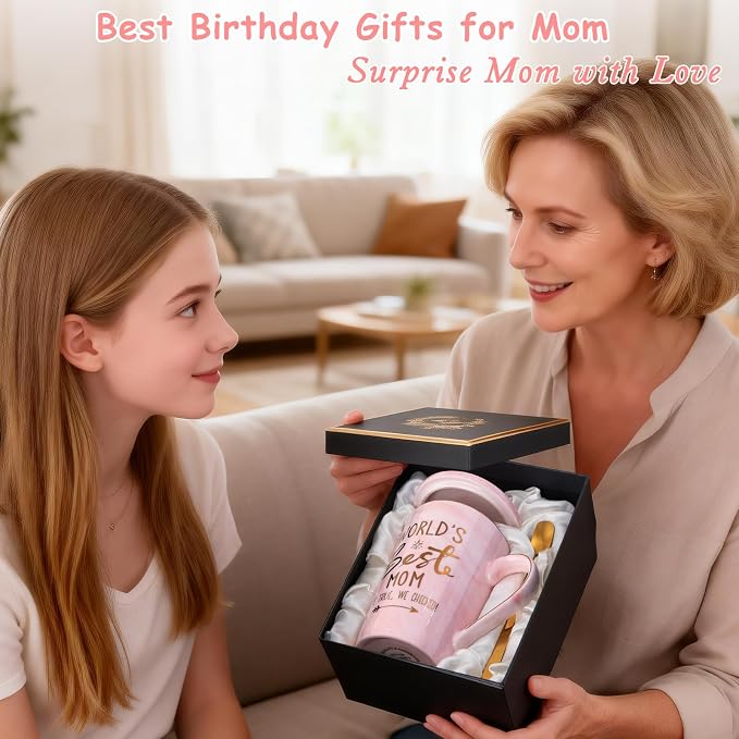 Mothers Day Birthday Gifts for Mom from Daughter Son - 14Oz Funny Best Mom Mug with Gold Print, Unique Pink Marble Coffee Cup with Lid Spoon Greeting Card, Happy Moms Gifts Idea, Luxury Gift Boxed Set - Image 7