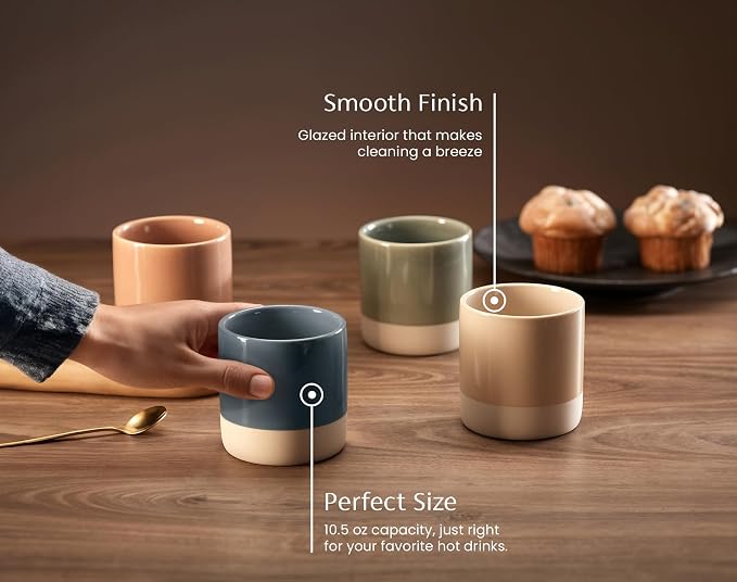 KooK Latte Cups, Ceramic Artisanal Stoneware, No Handle, Japanese Tea Cups, For Coffee, Tea, Cocoa, Microwave and Dishwasher Safe, Multicolor, 10.5 oz, Set of 4 - Image 2