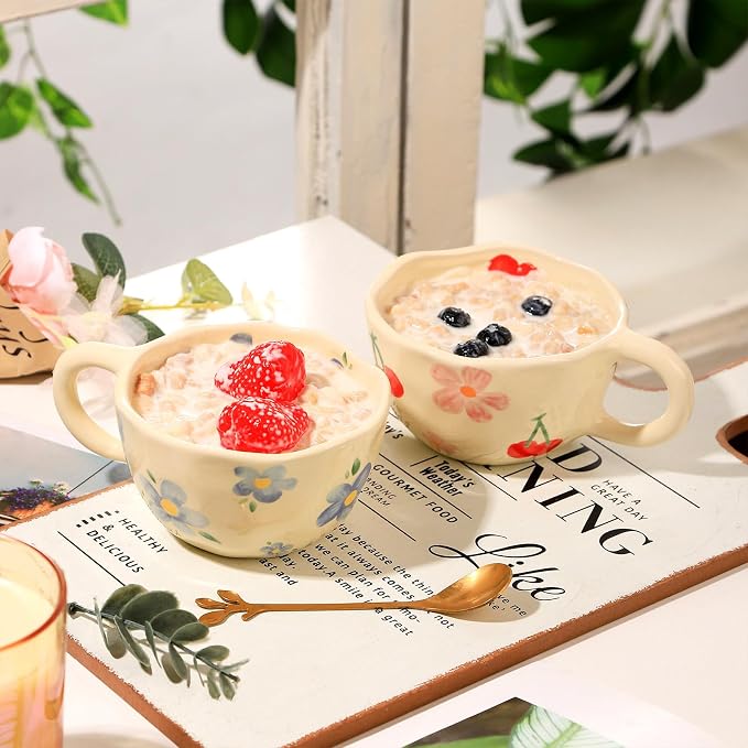 VanEnjoy Ceramic Cup, Cute Coffee Mug, Strawberry Mug, Aesthetic Coffee Mug, Retro Flower Mug, Ceramic Tea, 10oz/300ml for Tea Coffee, Milk and Oatmeal - Image 6