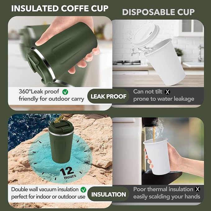 Volhoply 12 oz Double Wall Insulated Vacuum Travel Coffee Mug with Flip Lid Bulk 4 Pack,Reusable Stainless Steel Leak Proof Coffee Cup,Portable Thermal Tumbler for Hot & Cold Drinks(Army Green,8 Set) - Image 3