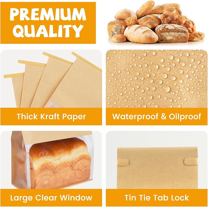 50 Pack Bread Bags with Tabs for Homemade Sourdough Bread, 8.7x4.3x11 Inches Tin Tie Tab Lock Large Paper Bakery Packaging Bags with Window for Gifting & Bake Sale | Thick Material - Image 3