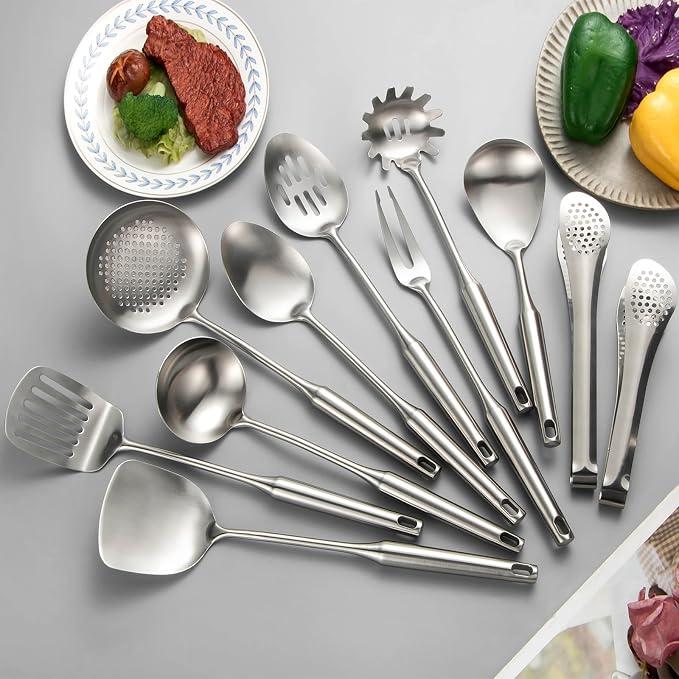 304 Stainlss Steel Kitchen Utensils Set, 11 Pcs Long Metal Cooking Utensil Gadgets Tools Set with Spatula, Ladle, Spoon, Ladle, Skimmer, Tunner, Pasta Server, Tongs(Silver, Dishwasher Safe) - Image 7