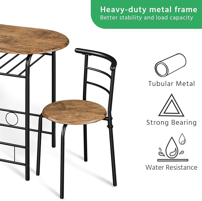 Yaheetech 3-Piece Dining Table Set, Breakfast Bistro Table Set for 2, Small Kitchen and Table Chairs Set of 2 with Metal Frame and Storage Rack for Small Space/Apartment/Dorm Room, Brown - Image 9