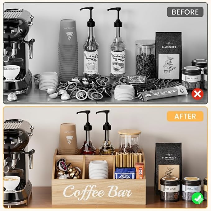 Coffee Station Organizer for Countertop – Wooden Coffee Bar Organizer with Adjustable Dividers,Holds K Cup Pod & syrup bottles, for Kitchen, Office, or Bar and Tea Station, Wood Color - Image 6