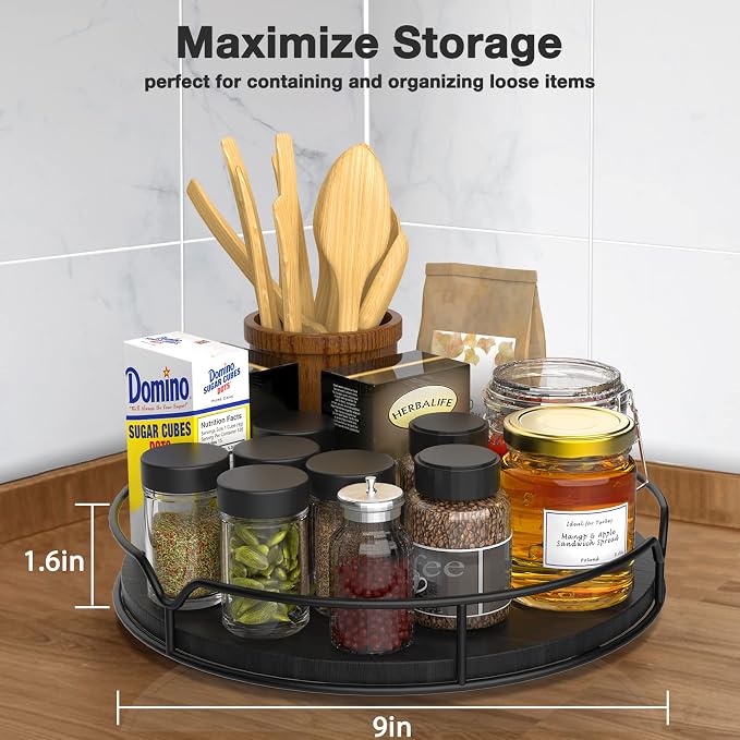 Lazy Susan Turntable Organizer with Anti-Slip Mat for Cabinet Pantry Kitchen Countertop Refrigerator Office, Pine Wood, 10", Black - Image 4