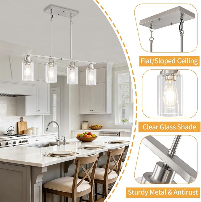 Brushed Nickel Linear Chandelier Over Table, Dining Room Light Fixtures | 4-Light Kitchen Island Lighting, 30'' Modern Island Lights for Kitchen with Clear Glass Shade, Adjustable Height - Image 6