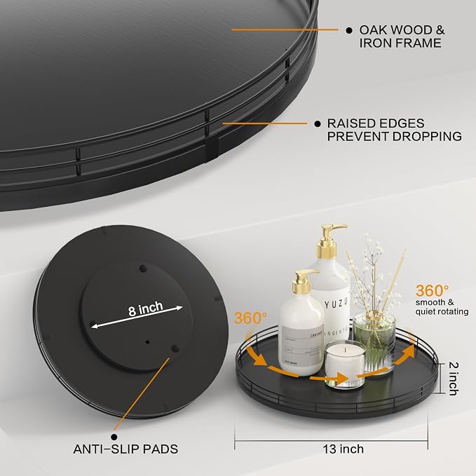 Oroyutor 13-Inch Oak Lazy Susan Spice Organizer, Black Finish | Rotating oak tray organizes spices, toiletries and decor on kitchen counters, bathroom vanities, dining and coffee tables. - Image 5