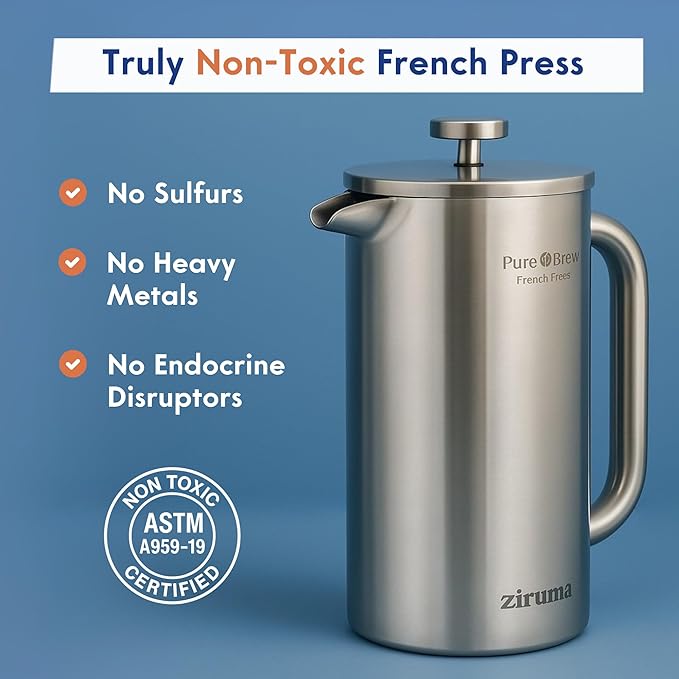 Ziruma Non-Toxic French Press, Surgical Stainless Steel Coffee Press, Plastic-Free, Heavy Metal-Free, No Endocrine Disruptors, 34 Oz, Double Wall, 4-Layer Filter, Portable Coffee Maker