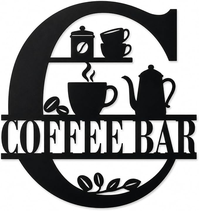 Coffee Bar Metal Wall Decor, Farmhouse Kitchen Sign, 14 Inch | Matte black metal COFFEE BAR sign with pre-drilled holes for kitchens, coffee stations, cafés, and farmhouse wall decor. by Bosfori