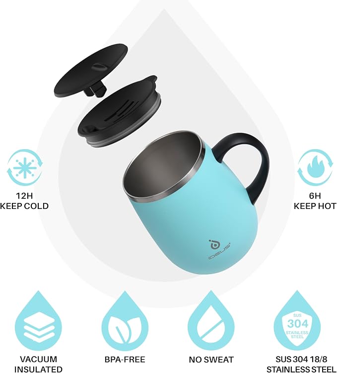 Ideus 16 oz (470 ml) Insulated Coffee Mug with Handle and Lid, Double Wall Stainless Steel Vacuum Thermal Coffee Mug, Travel Coffee Cup Thermal Cup for Home and Office (Sky Blue) - Image 2