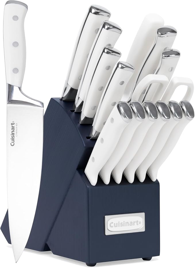 Cuisinart 15-Piece Knife Set with Block, High Carbon Stainless Steel, Forged Triple Rivet, White/Navy C77WTR-15PN by Cuisinart