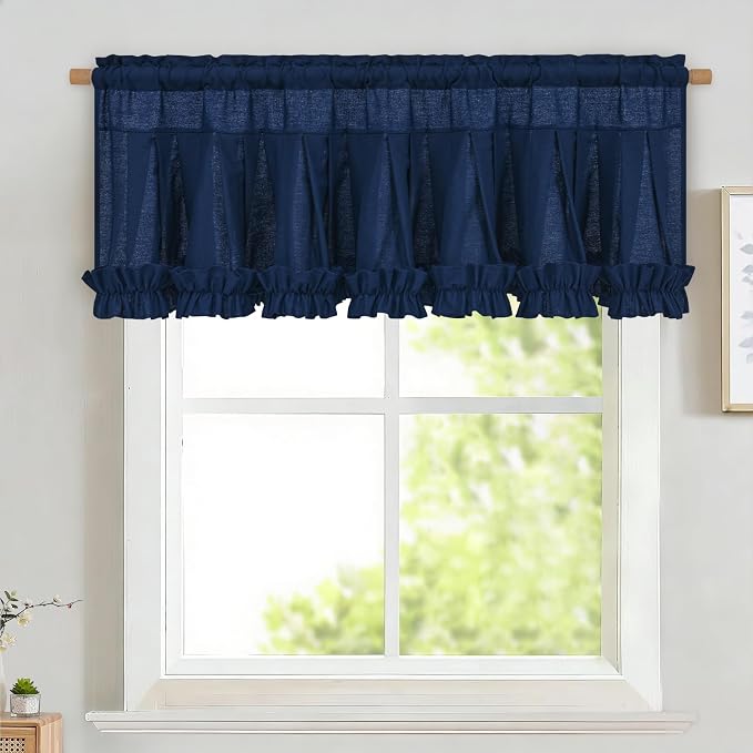 Likiyol Linen Valances for Windows Farmhouse Window Valances with Ruffle Rustic Country Light Filtering Kitchen Valance Curtains Rod Pocket Valance for Bathroom Cafe, Navy Blue, 52" W X 18" L by Likiyol