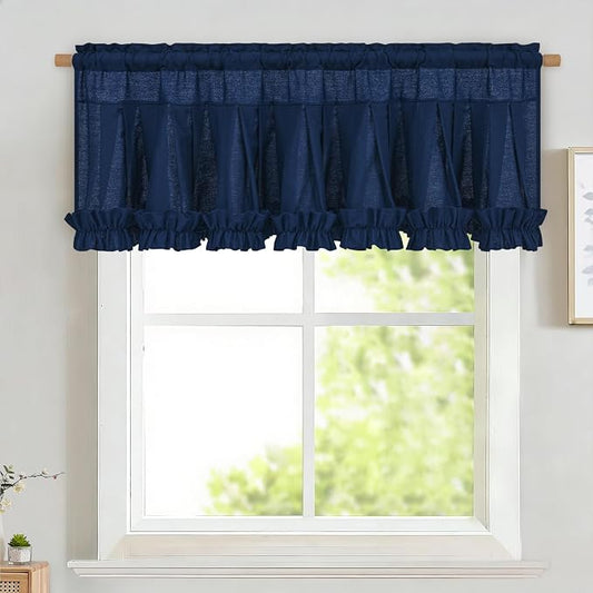 Likiyol Linen Valances for Windows Farmhouse Window Valances with Ruffle Rustic Country Light Filtering Kitchen Valance Curtains Rod Pocket Valance for Bathroom Cafe, Navy Blue, 52" W X 18" L by Likiyol