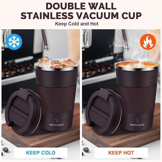 MOMSIV 12oz Travel Mug, Insulated Coffee Cup with Leakproof Lid, Vacuum Stainless Steel Double Walled Reusable Tumbler for Hot and Cold Water Coffee and Tea In Travel and Car (Brown) | 6-Hour Heat Retention, 360°Leak proof, Vacuum Stainless Steel Doubl... - Image 3