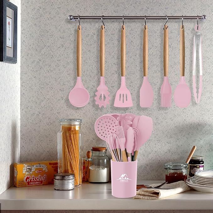 MIBOTE Silicone Cooking Kitchen Utensils Set, Wooden Handle, Pinky | BPA-Free, Non-Toxic Silicone Turner, Tongs, Spatula, Spoon Set – Great for Nonstick Cookware, Heat-Resistant, Easy Clean - Image 4