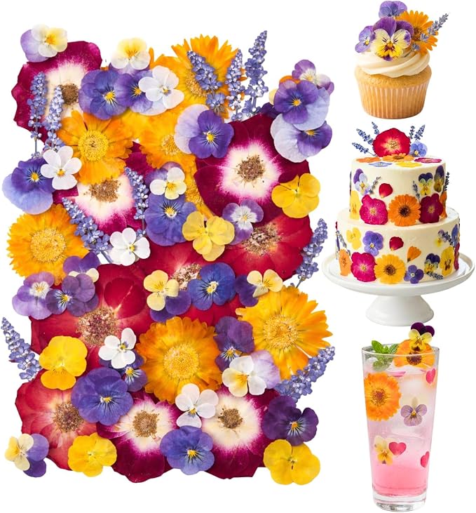 70 Pcs Edible Flowers for Cocktails & Cake Decorating – Real Dried Edible Flowers Cupcake Toppers, Food Grade Edible Pressed Flowers for Drinks, Garnish & Crafts (Pansies, Rose, Calendula, Lavender) by VitalForest