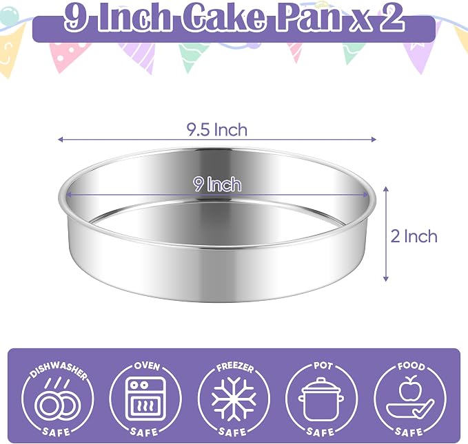 E-far 9 Inch Round Cake Pan, 2-Piece Stainless Steel Round Baking Mold Tins - Non-Toxic & Leak-Proof for Birthday Wedding Layer Tiered Cake, Easy Clean & Dishwasher Safe - Image 2