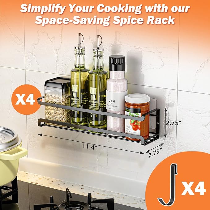 Bunoxea Spice Rack Wall Mounted 4 Pack, For Spice Jars & Seasonings,Black | 4 Removalble Hooks,Screw or Adhesive Hanging, Space-Saving,For Kitchen Cabinet, Pantry Door,Stove,RV Use,11.41x2.75x2.75in - Image 7