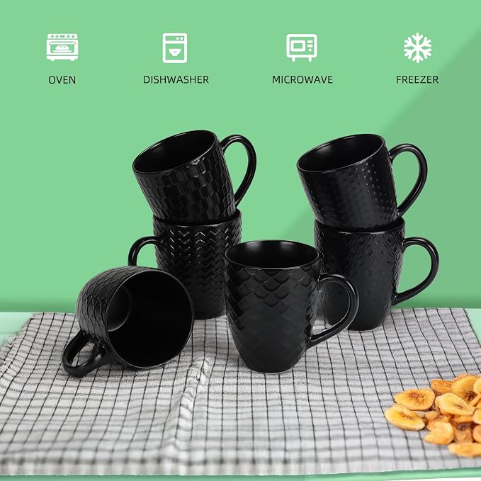 16 OZ Bone Coffee Mugs Set of 6 Matte Black | Large Ceramic Coffee Mugs Set with Different Texture Patterns, Porcelain Cups with Handle for Espresso Latte Tea Milk - Image 4