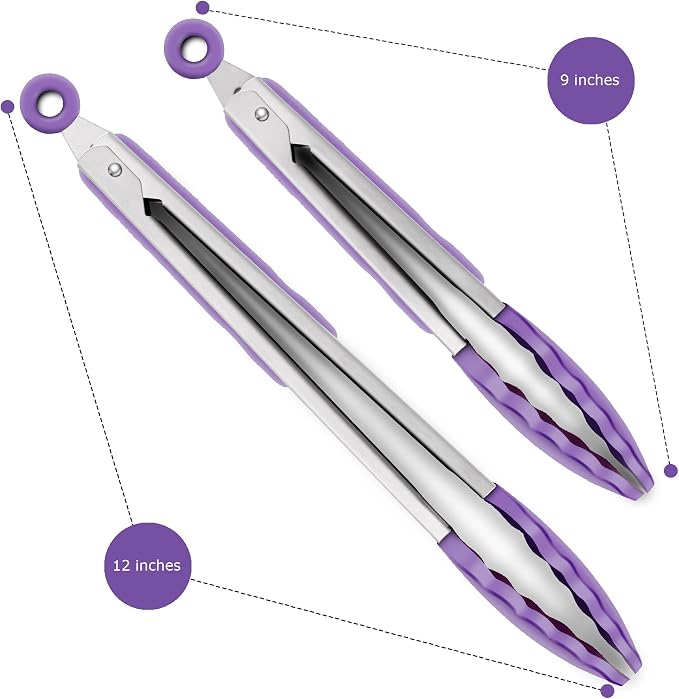 2 Pack Silicone Kitchen Tongs – 9" & 12" Set, Heat Resistant up to 500°F, Non‑Stick Cookware Safe, Wavy Silicone Tips, BPA Free, Locking Clip & Hanging Loop, Purple - Image 4