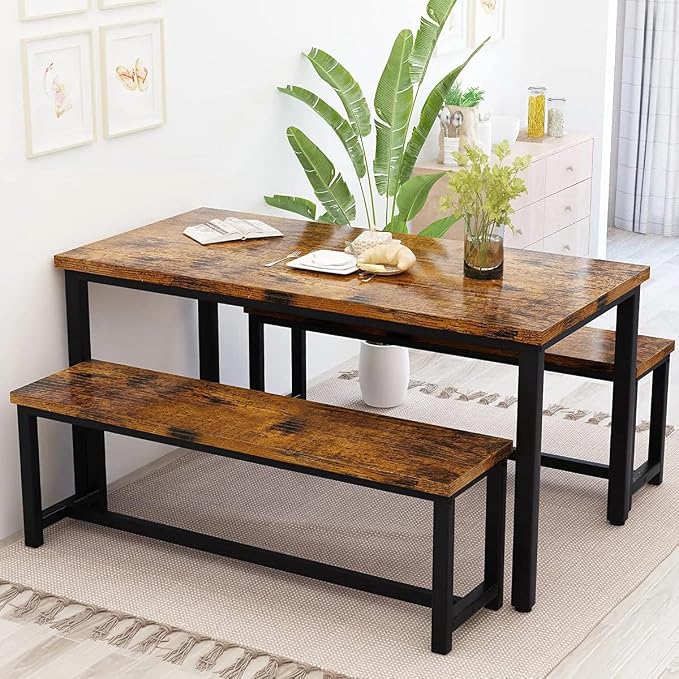 Recaceik Dining Table Set for 4 Kitchen Dining Room Set with 2 Dinner Benches, Farmhouse Breakfast Table for Apartment Small Space, Easy Assembly by Recaceik