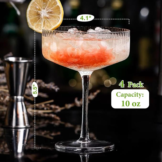 Qipecedm® 4 Pcs Ribbed Coupe Glasses, 10 oz Vintage Coupe Glass Set, Unique Martini Glass, Classic Cocktail Galssware, Bar Drinking Glasses Set Pefect for Cocktail, Wine, Champagne & Gift - Image 5