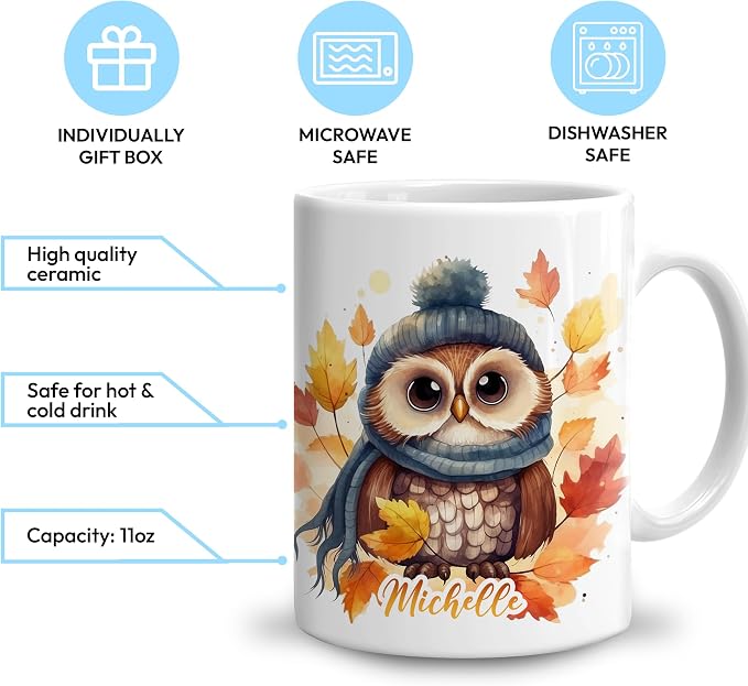 Hyturtle Personalized Fall Owl Maple Leaves Coffee Mug Gifts on Birthday | Gifts For Owl Lovers - Fall Autumn Decor Gifts For Farmhouse Thanksgiving - Custom Name 11oz White Ceramic Coffee Tea Mug - Image 3