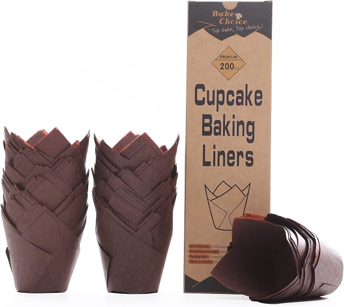 Bake Choice Standard Tulip Cupcake Liners for Baking, Brown Muffin Liners | 200 PCS Tulip Muffin Liners, European Parchment Paper, Nordic Paper Cupcake Wrapper for Party, Christmas by BakeChoice