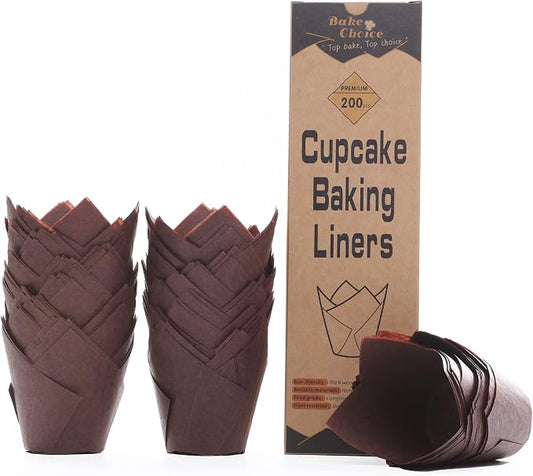 Bake Choice Standard Tulip Cupcake Liners for Baking, Brown Muffin Liners | 200 PCS Tulip Muffin Liners, European Parchment Paper, Nordic Paper Cupcake Wrapper for Party, Christmas by BakeChoice