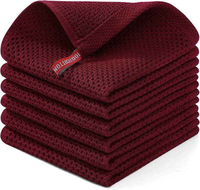Homaxy 100% Cotton Waffle Weave Kitchen Dish Cloths 6-Pack, Burgundy | 12 x 12 Inches, Ultra Soft Absorbent Dish Towels, Quick Drying Dish Rags with Hanging Loop by Homaxy