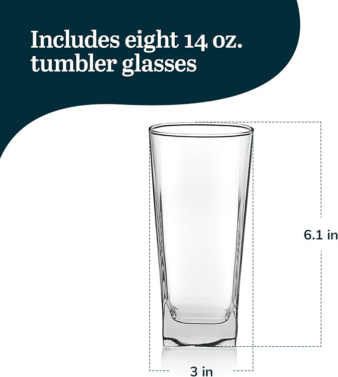 14.3 oz Drinking Glasses Set of 8, Tumblers with Thick Square Base | Crystal Clear Drinking Glasses, Thick Square Base, Everyday Glassware for Water, Juice & Iced Tea, Dishwasher Safe - Image 3