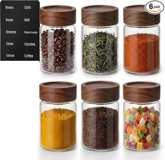 6 Pack 8 oz Glass Jars with Lids, Tall Small Mason Jars with Airtight Acacia Wood Lid, Glass Food Storage Containers for Coffee Bar, Loose Tea, Hot Cocoa & Apothecary Decor by Kalnsa