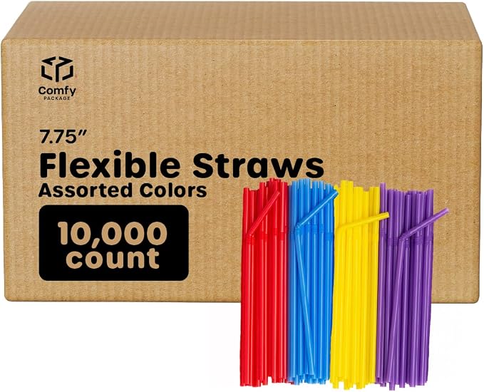 Comfy Package [Case of 10,000] Flexible Plastic Drinking Straws - Disposable Swizzle Sticks - 7.75"High - Assorted Colors by ComfyPackage