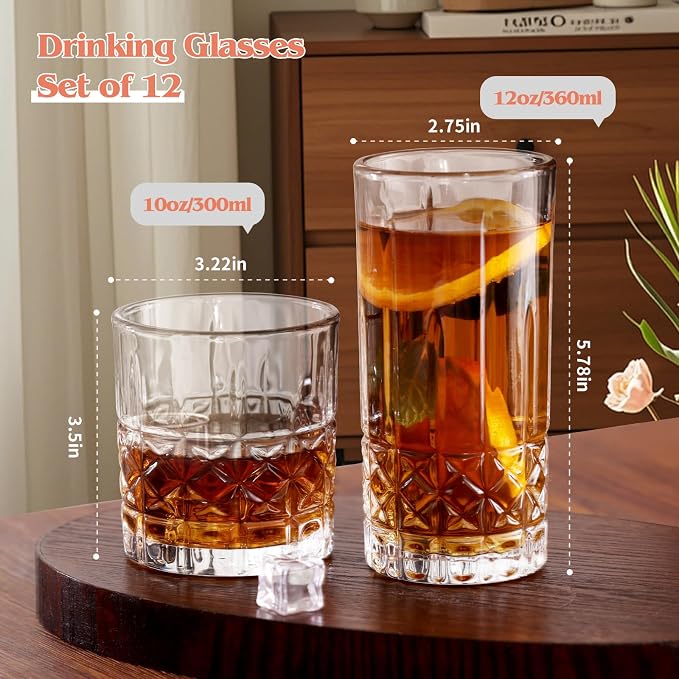 Moretoes Drinking Glasses, 12 Piece Crystal Glass Cups | Mixed Glassware Set, 6 Crystal Old Fashioned 10oz and 6 Highballs Glasses, Great for Cocktail, Whisky and Other Beverages - Image 3