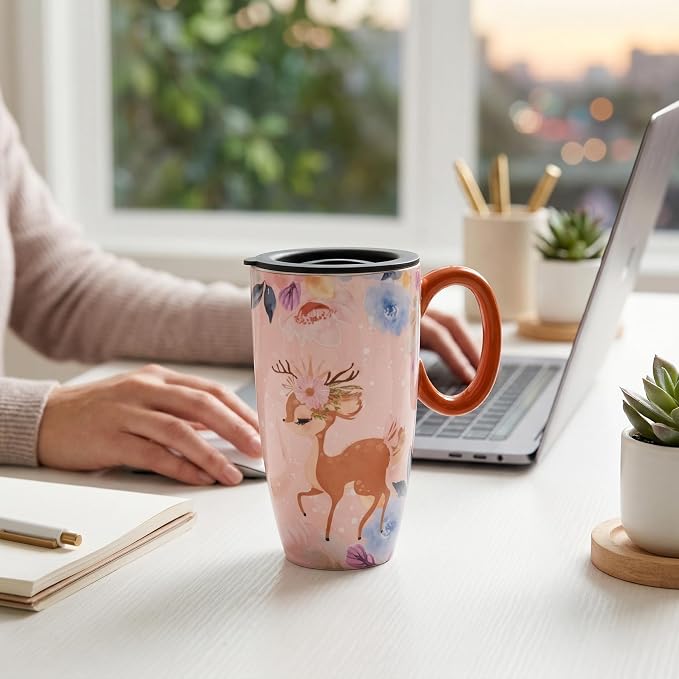 Cute Deer Mug - Travel Mug with Lid, Ceramic Large Coffee Mug, Christmas Holiday Birthday Gifts for Mom Wife Daughter 20oz - Image 5