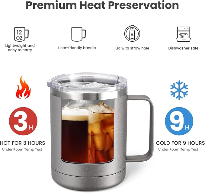 MEWAY 12oz Coffee Mug With Handle 2 Pack Bulk,Stainless Steel Insulated Travel Tumblers With Sliding Lid,Double Wall Vacuum Camping Cup for Hot & Cold Drinks Tea (Cold Grey,Set of 2) - Image 3