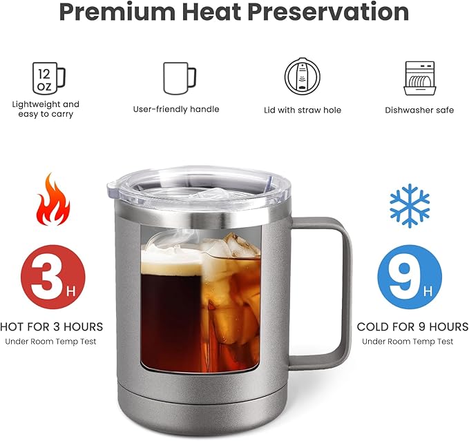 MEWAY 12oz Coffee Mug With Handle and Sliding Lid,Stainless Steel Travel Tumbler Cup with Handle,Double Wall Vacuum Insulated Camping Cup for Hot & Cold Drinks Tea (Cold Grey,Set of 1 - Image 3