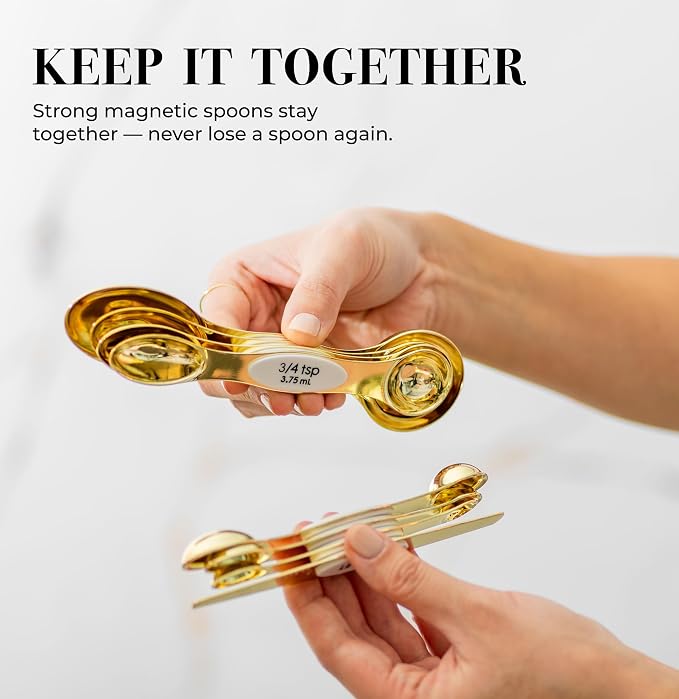 Styled Settings White and Gold Magnetic Measuring Spoons, 8-Piece | Stainless Steel Double Sided Measuring Spoons for Cooking and Baking - White and Gold Kitchen Accessories, Ideal for Gifting - Image 2