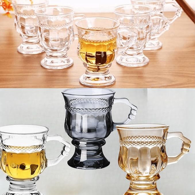 Vintage Irish Coffee Mugs, Crystal Clear Irish Coffee Glass with Handle, Footed Stem Base, Heat Resistant, Heavy Duty Cups for Hot Chocolate, Tea, Coffee, 4pcs gray