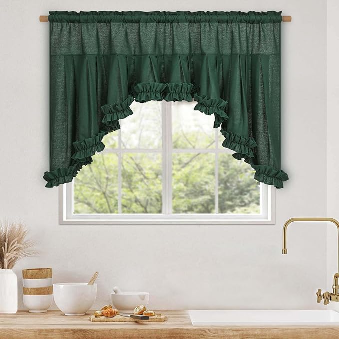 Likiyol Linen Valances for Windows Farmhouse Ruffle Swag Valance Rustic Country Window Valances Light Filtering Kitchen Curtains Rod Pocket Valance Curtains for Bathroom Cafe, Dark Green, 60"W x 36"L - Image 3
