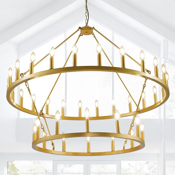 47 Inch Gold Wagon Wheel Chandelier,2 Tier 36-Lights Farmhouse Chandelier for Living Room,Round Rustic Dining Room Light Fixture,Extra Large Foyer Chandeliers for High Ceilings,for Staircase,Entryway by SofaFurniture