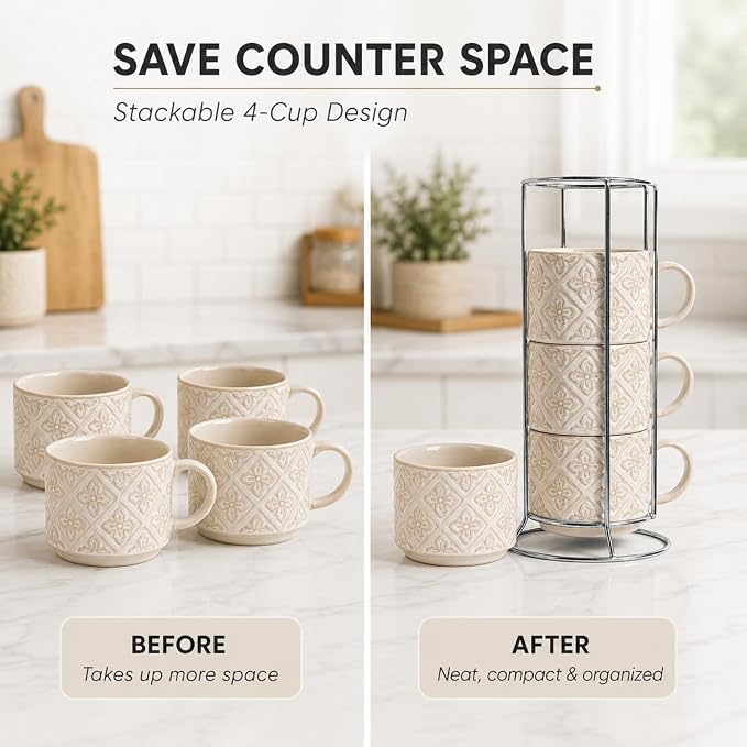 6 Oz Coffee Cups with Stand, Stackable Espresso Cups Set of 4, Ceramic Cappuccino Cup, Embossed Coffee Mugs for Latte, Cocoa, Mocha, Tea, Housewarming Wedding Present, Dishwasher Safe - Image 5