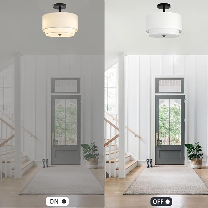 Vexagyle 3-Light Semi Flush Mount Ceiling Light Fixture,12.6inch Modern Close to Ceiling Light with 2-Layer White Drum Fabric Shade,Entryway Light Fixture Ceiling Mount Lamps for Bedroom Dining Room - Image 3